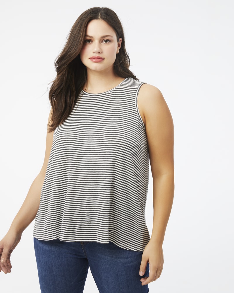 Front of a model wearing a size 1X Lynn Striped Tank Top in Charcoal Grey / Ivory by Molly & Isadora. | dia_product_style_image_id:157147
